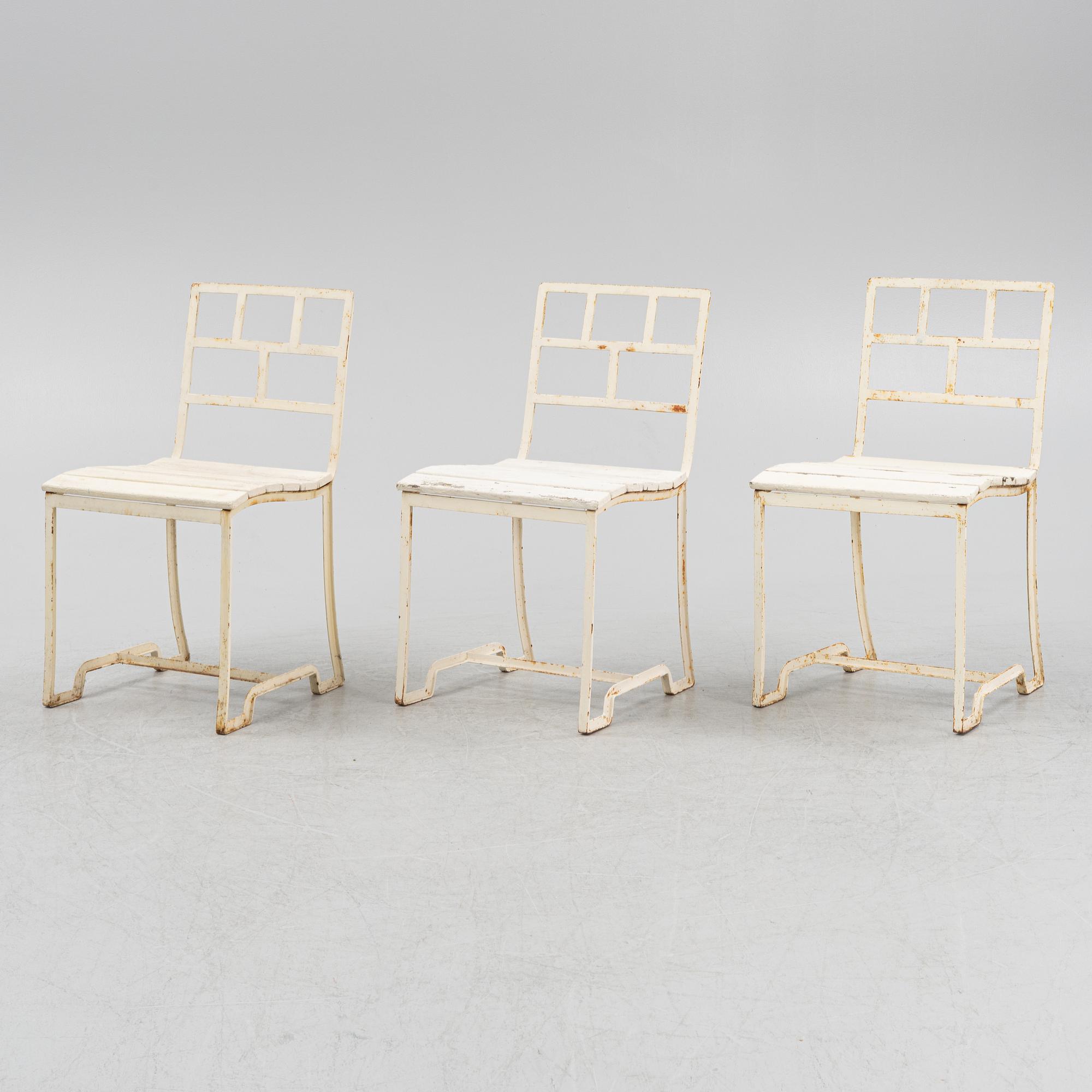Carl Hörvik, three iron garden chairs, for Stadshotellet Båstad (Hotell Skansen) or Lindgården, Stockholm, ca 1927-29.