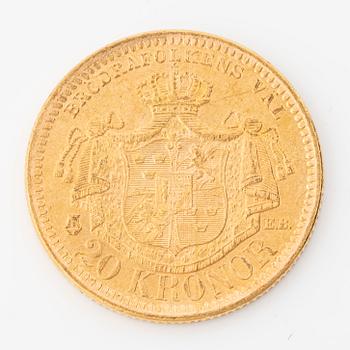Gold coin, Oscar II, 20 kronor, type III, Sweden 1884.