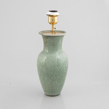 A Chinese celadon porcelain vase / table lamp, late Qing dynasty.
