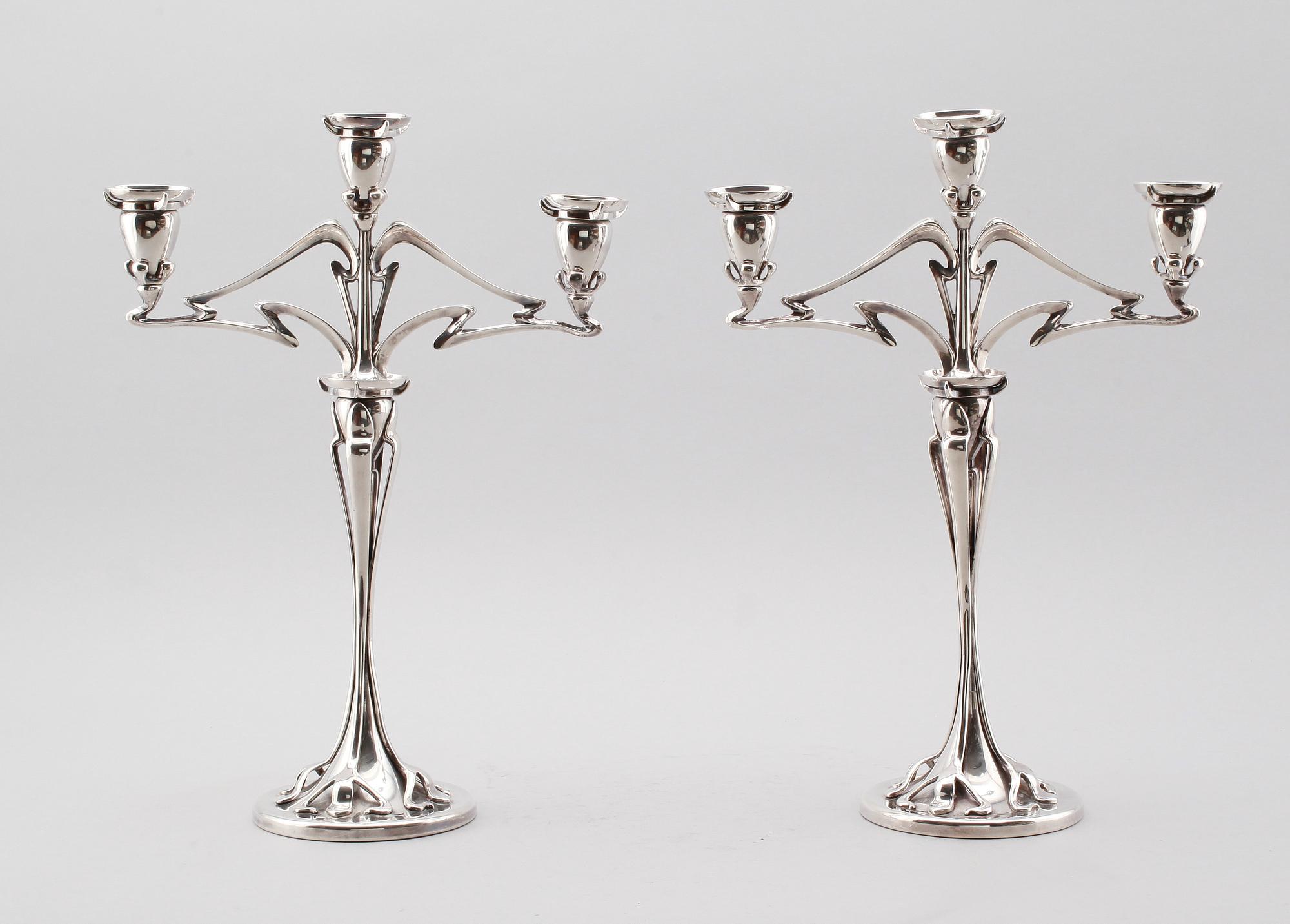KANDELABRAR, 1 par, nysilver, jugend, tidigt 1900-tal.