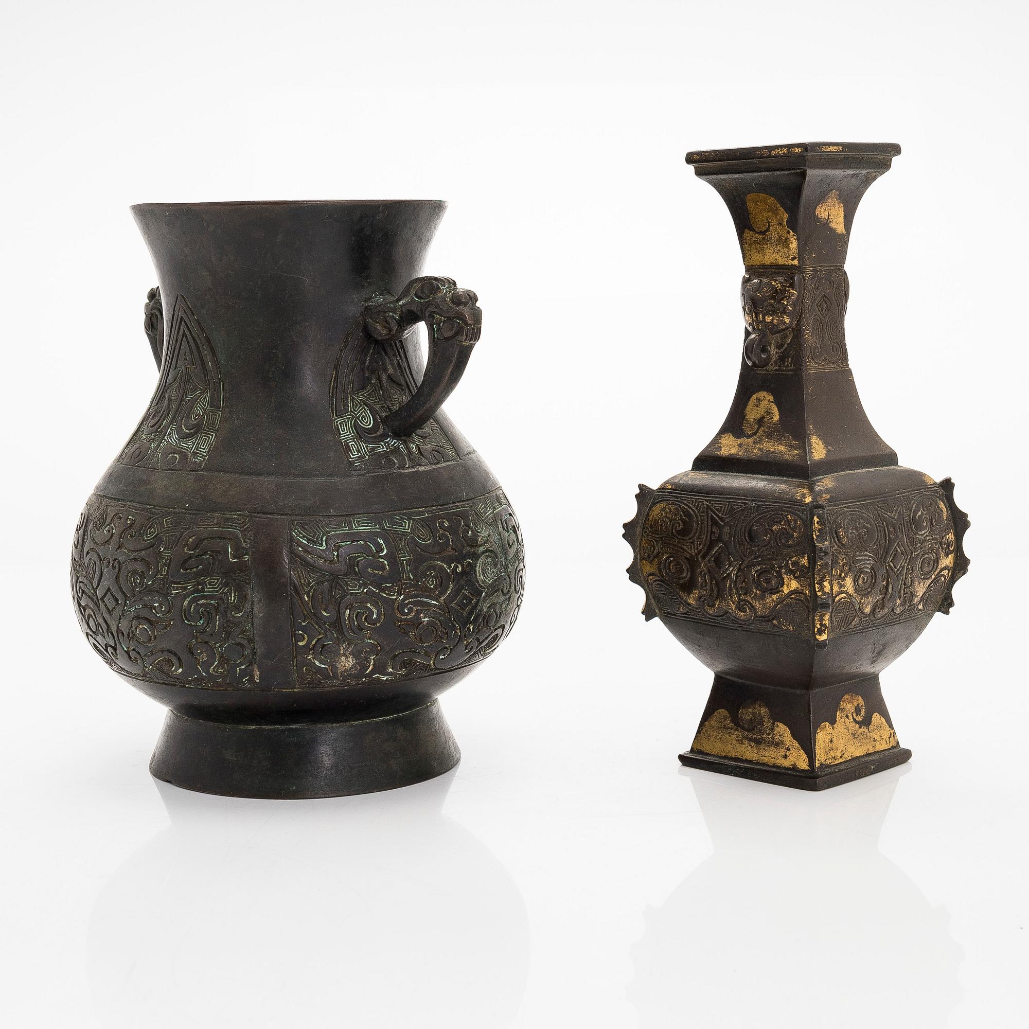 Two bronze vases, one late Qing dynasty and one 20th century.