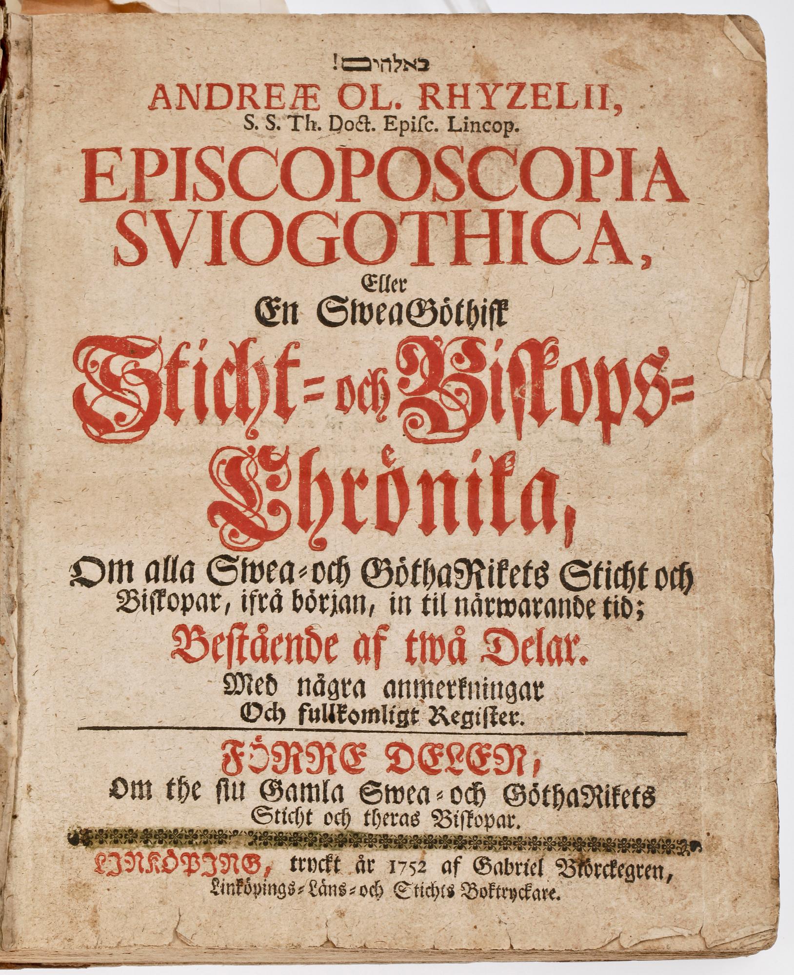 BOK, "Episcoposcopia Sviogothica" Linköping 1752.
