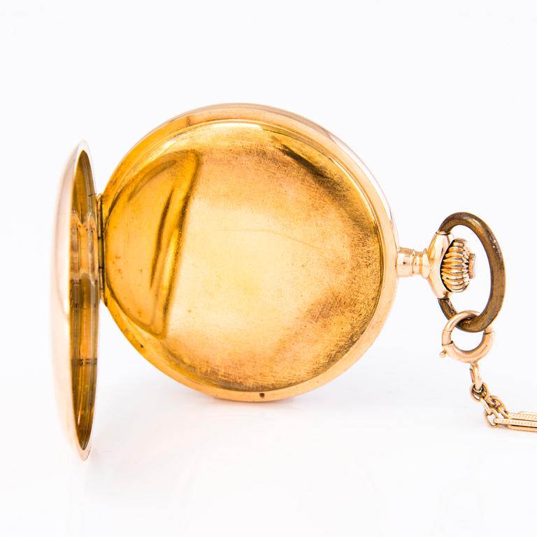 A 14 K gold pocket watch with chain, marked J. Calame Robert. Mid 20 th century. 55 mm.