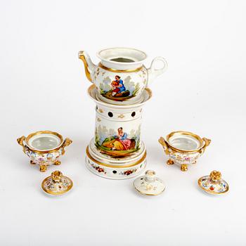 Teapot with heating stand and a couple of miniature tureens, mid-19th century.