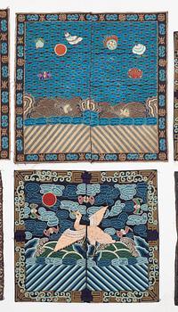 RANK BADGES, 8 pieces, silk, so called Buzis. Around 28-33 x 29,5-33,5 cm each. China around 1900.