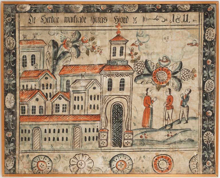 Bonadsmålning, Dalarna, limfärg på papper, daterad 1811.