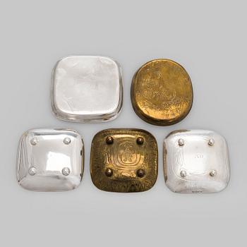 Vateja, 5 kpl, hopeaa ja messinkiä, Birgit Rydman ja Liisa Heinämaa, Tillander, Helsinki 1950-luku.