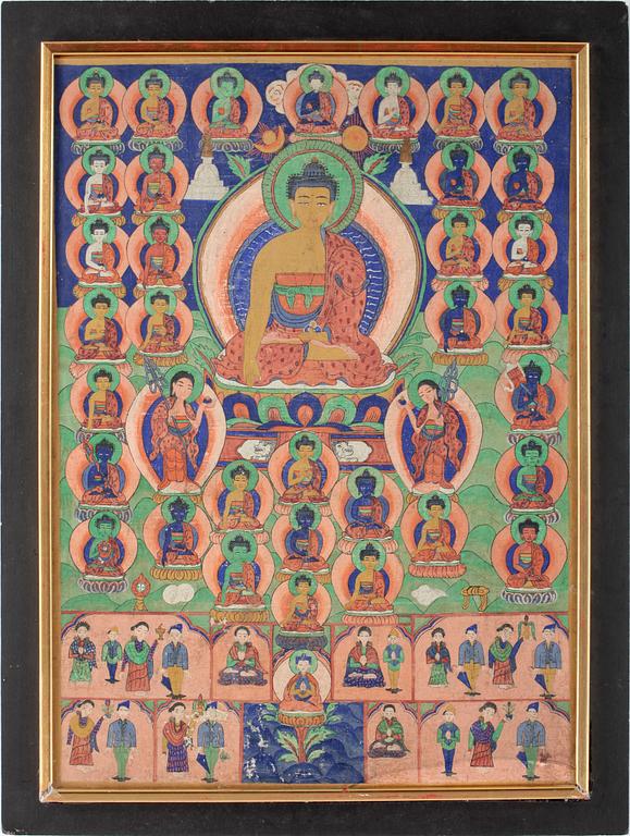 THANGKA, sidenmåleri, enligt uppgift från Tibet, 1900-talets första hälft.