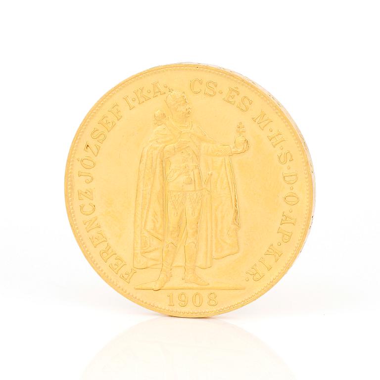 GULDMYNT, 100 korona, Österrike-Ungern 1908. Vikt ca 32 gram.