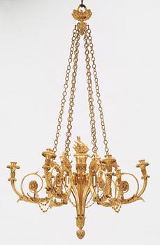 A Louis XVI-style 19th century six-light gilt bronze hanging-lamp.