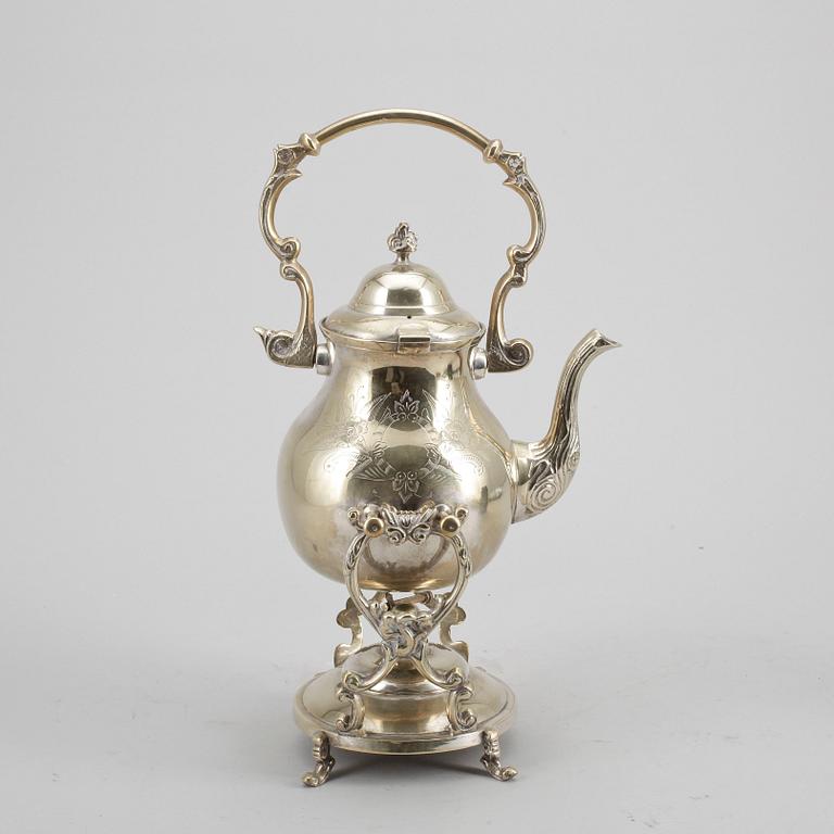 TEKANNA på RECHAUD samt KOPPAR, 8 st, metall och glas, 1900-tal.