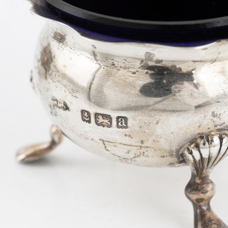 A seven piece silver spice set, with two sppons, England, mostly Birmingham.