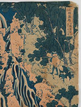 KATSUSHIKA HOKUSAI (1760–1849), after, colour woodblock print, Japan, "The Falling Mist Waterfall".