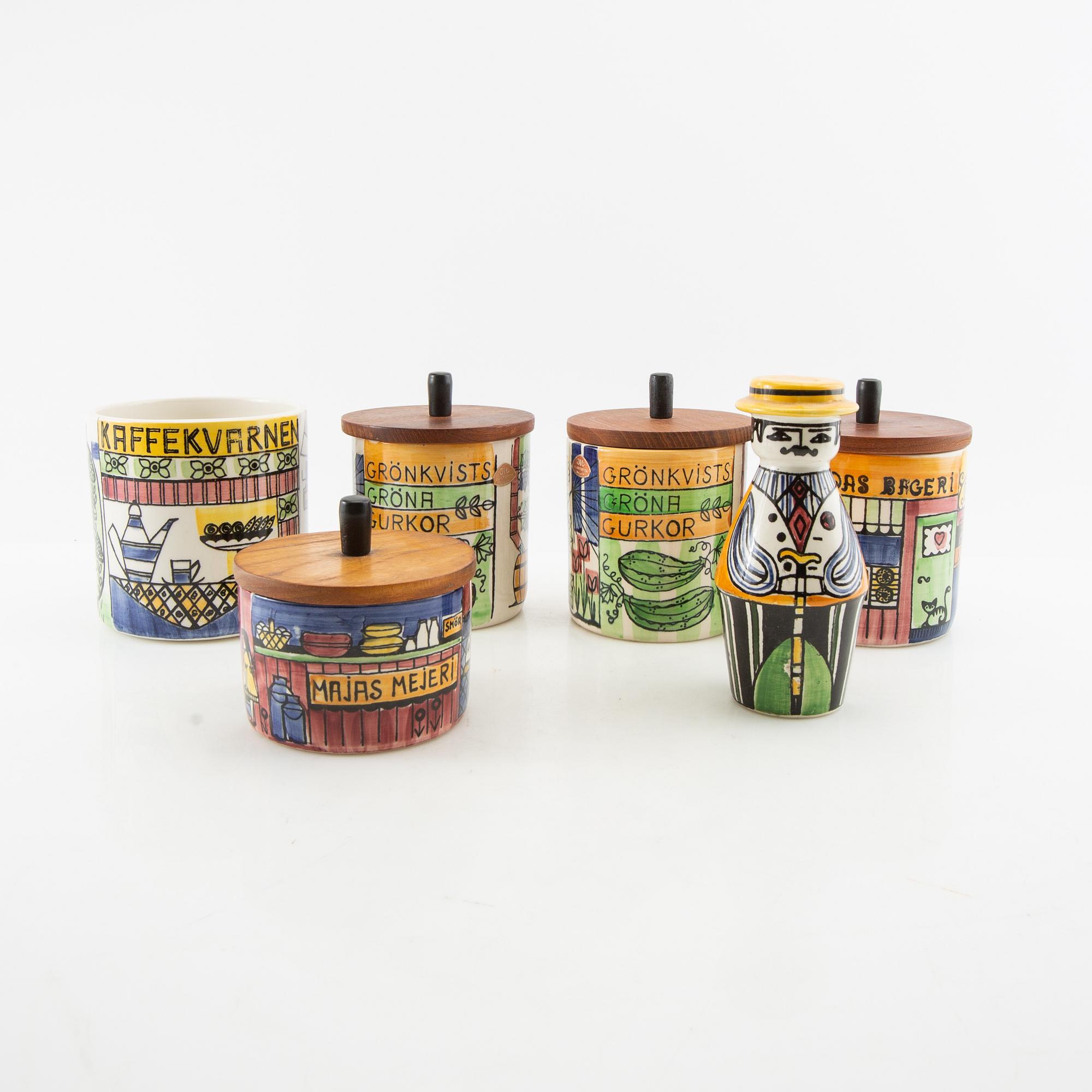 Anita Nylund jars with lids and shaker 6 dl "Our Little Town" and "The Pepparsson Family" JIE Grantofta 1950s/60s.