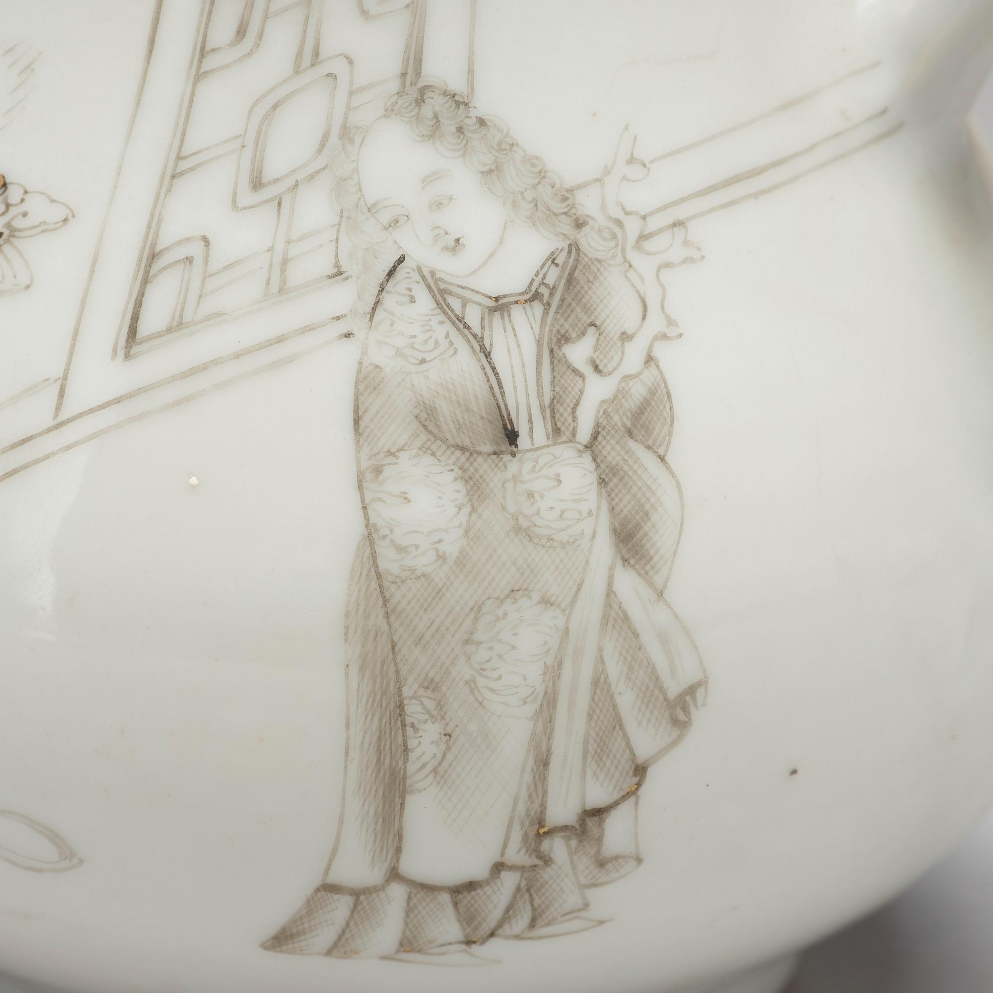 A grisaille and gold tea pot with cover and cup, Qing dynasty, Yongzheng (1723-35).