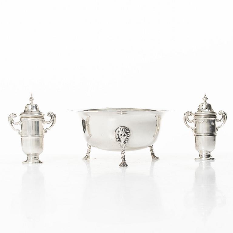 Bowl, along with salt and pepper shakers, silver, including mark of Wakely & Wheeler, Dublin 1910.