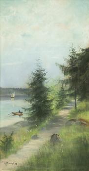 Carl Brandt, View over a lake with a sailing boat and a rowboat.