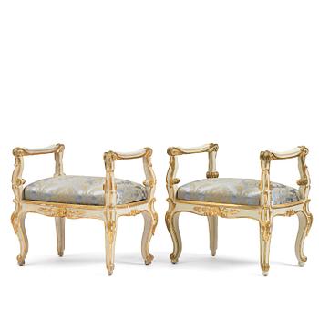 380. A pair of banquette stools, latter part of the 19th century, Rococo style.