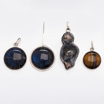 Earrings, 4 pcs, silver, spectrolite, tiger's eye, geode, Christer Stenberg 1973-75.