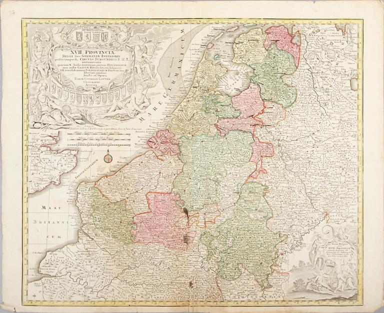 KARTOR, 3 st, kolorerade kopparstick, Belgien, 1700-tal.