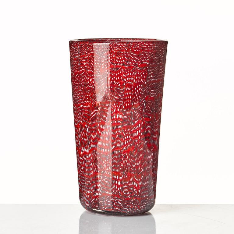 Paolo Venini, a red and opaque "Murrine a Puntini" vase, Venini Murano, Italy 1950-60's.