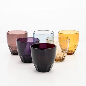 Drinking glasses, A set of ten pressed glass with cut base, mid-20th century.