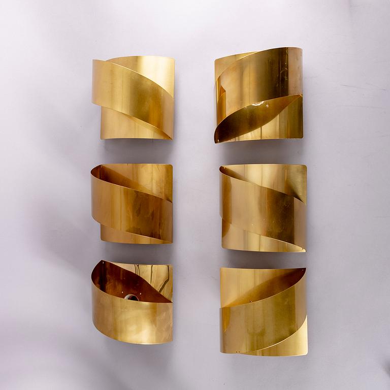 A set fo six Peter Celsing brass "Band" wall lamps Falkenberg 1960/70s.