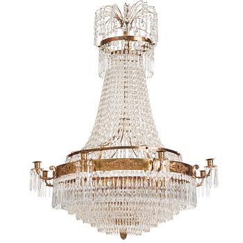 A gilt brass and cut glass nine-light Empire chandelier, first part of the 19th Century.