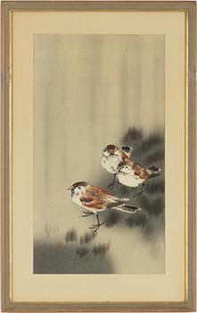 Ohara Koson, 'Tre pilfinkar i regn'.