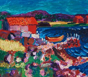 426. Inge Schiöler, Bay with boathouse and boat.