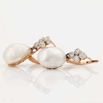 A pair of natural drop shaped saltwater pearl and old-cut diamond earrings.