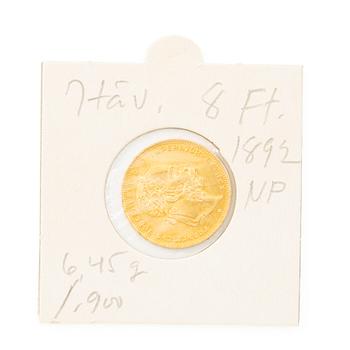 Gold coin, Austria, 8 Florins 20 Francs, 1892.
