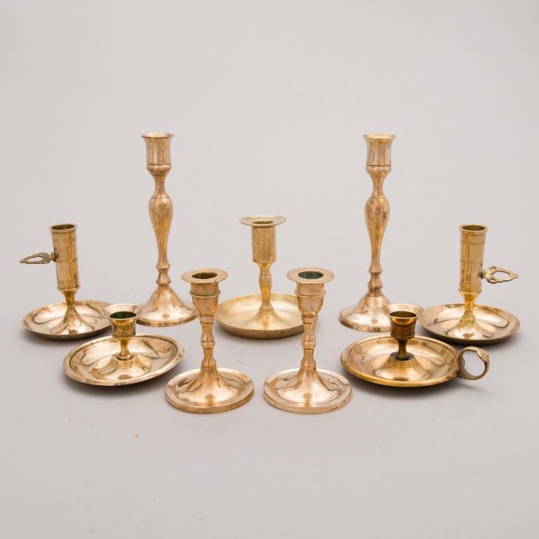 CANDLEHOLDERS, 9 pcs, different, brass and metal.