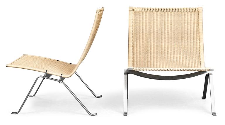 A pair of Poul Kjaerholm 'pk-22' steel and ratten easy chairs, E Kold Christensen, Denmark, maker's mark in the steel.