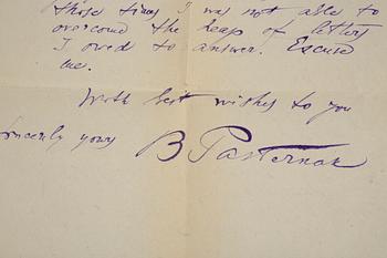 BREV med AUTOGRAF, egenhändigt skrivet och signerat Boris Pasternak, 1959.