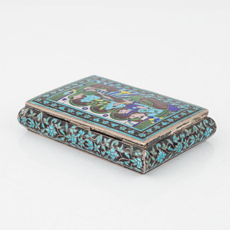 A South Asian box of low fineness silver, 20th century, and a Persian enamel box, second half of the 20th century.