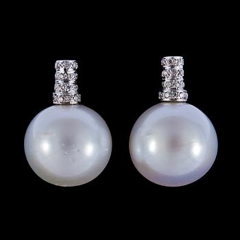 1109. A pair of cultured South sea pearl, 15,5 mm, and diamond earrings, tot. app. 0.35 cts.