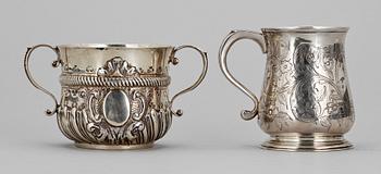 BÄGARE SAMT KOPP, silver, bl.a. London, England, 1800-1900-tal. Tot ca 402g.