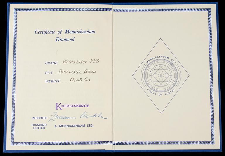 DIAMANT, briljantslipad 0,43 ct H / VVS.