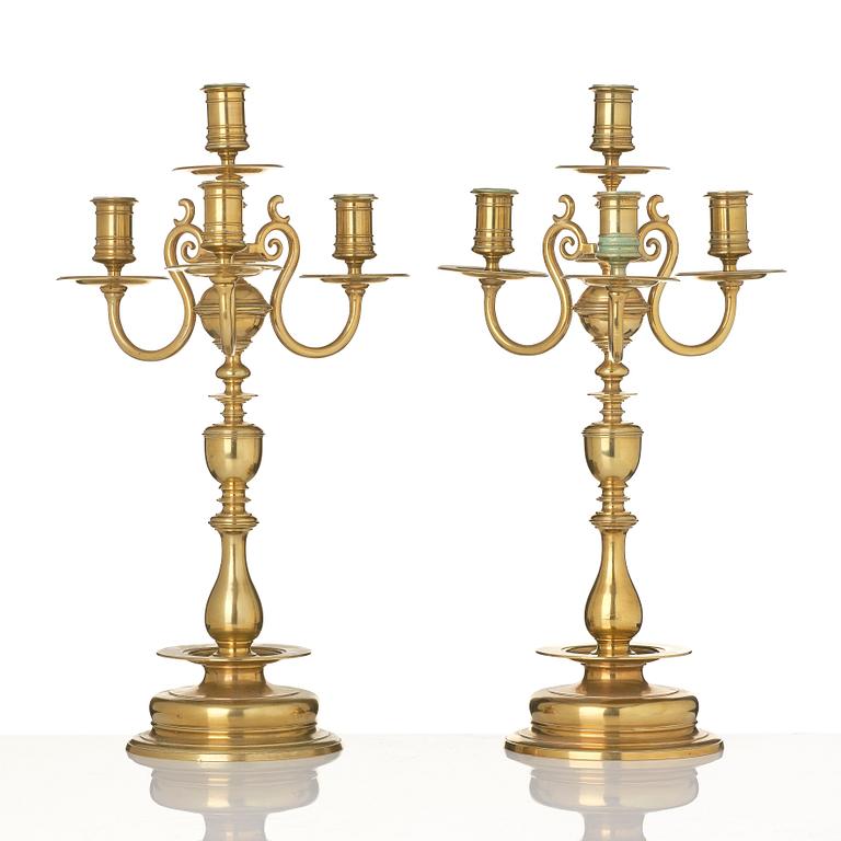 Candelabra, a pair of brass, Baroque style Gusums Bruk No 3, 20th century.