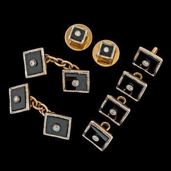 1324. MANCHETT- och FRACKKNAPPAR, onyx med briljantslipade diamanter. Originaletui, Harrods. C. 1900.