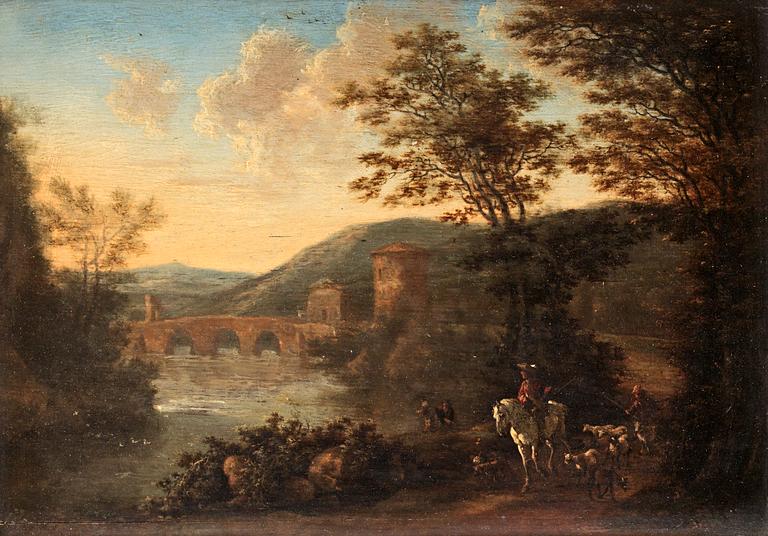 Willem de Heusch Hans efterföljd, Italiserande landskap med resande sällskap och boskap.