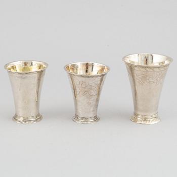 Three beakers, silver, 18th century, including Mattias Forswall, Uppsala 1775, and Johan Lorenz Starin, Stockholm, 1750.