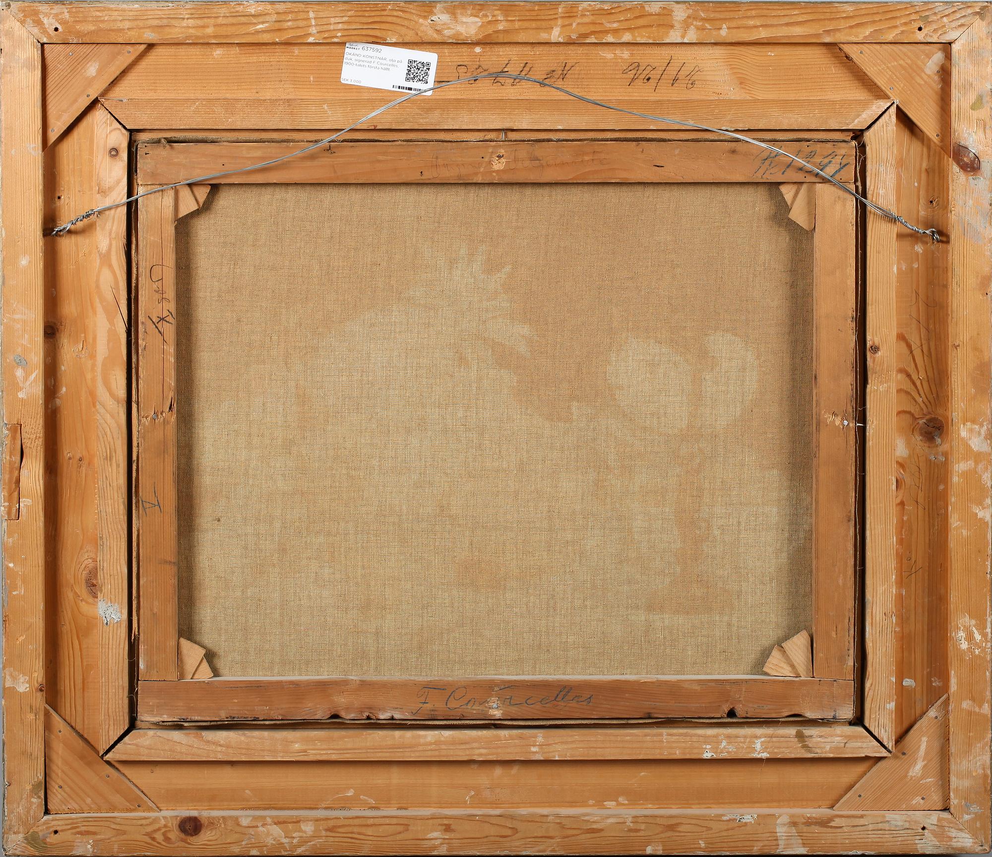 OKÄND KONSTNÄR, olja på duk, signerad F Courcelles, 1900-talets första hälft.