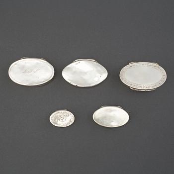 A set of five swedish silver boxes, mid 19th century.