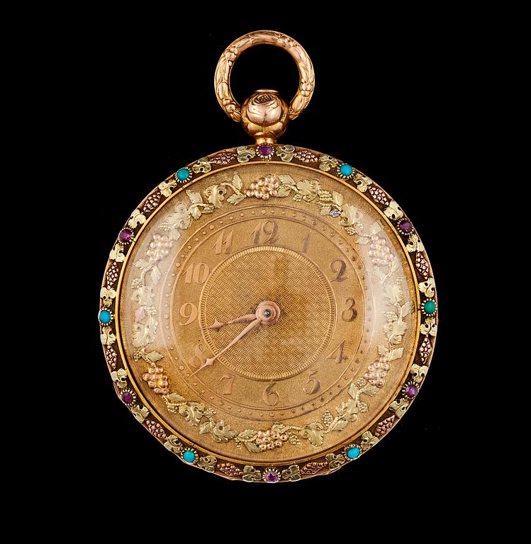 A gold pocket watch, Bouvier, Genève, mid 19th century.