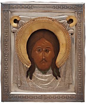 1081. A Russian late 19th century parcel-gilt icon, unidentified maersmark, St. Petersburg 1891.
