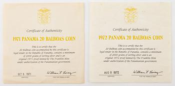 Silver coins, 4 pcs, 20 Balboas, Republic of Panama, 1971, 1972, 1973, 1974.
