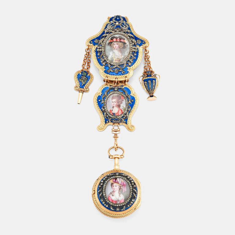 Chatelaine med fickur, 18K guld , emalj och stenar, Paris efter 1838, Louis XVI-stil.