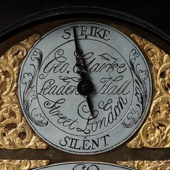 An English 18th century table clock, dial signed  George Clarke, Leaden Hall, Street London.